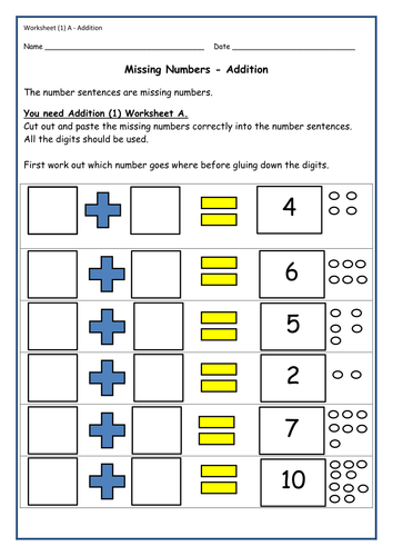 Cut/Paste Activities - Addition - Number Bonds/Equations - Activity Sheets & Teachers' Notes