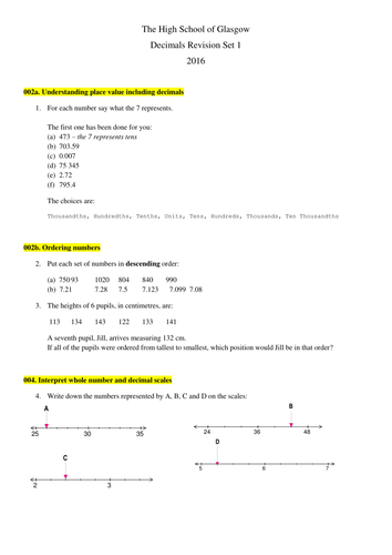 decimals revision teaching resources