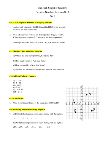 Negative Numbers Revision