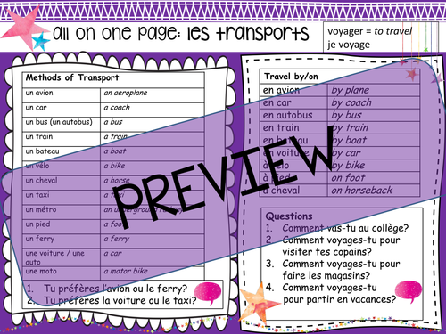 French Vocabulary Mat: Transport