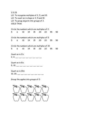 Multiples of 2, 5 and 10 worksheet bundle