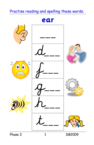 Phase 3: 'ear' grapheme [as in dear, appear]: table/group cards, activities and presentation 