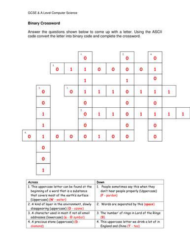 Starter:   Binary Crossword (word doc)
