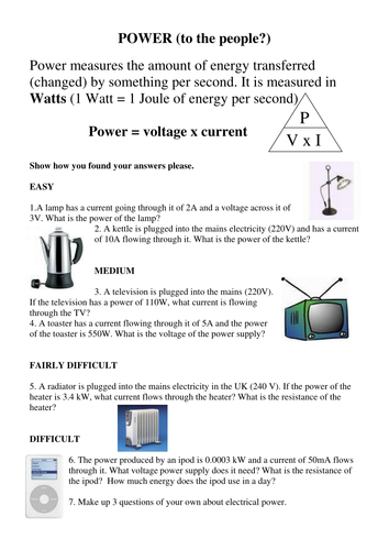 Resistance and power worksheets