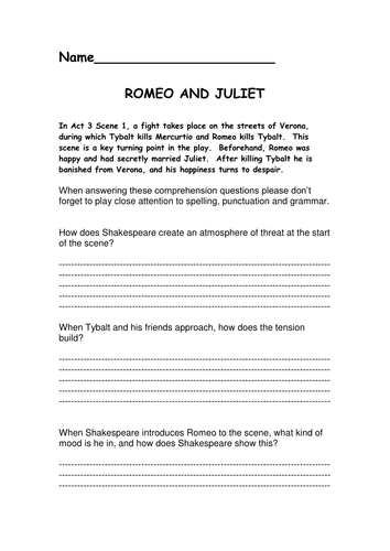 Romeo And Juliet Act 3 Scene 1 Comprehension Teaching Resources