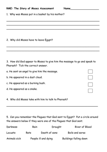 RME topic:  The Story of Moses  planner and end of Unit assessment 