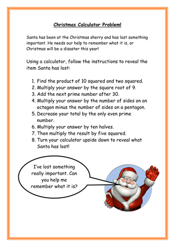Santa's Christmas Calculator puzzle. Maths vocabulary revision Activity.