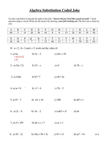 Algebra Substitution Coded Joke Teaching Resources