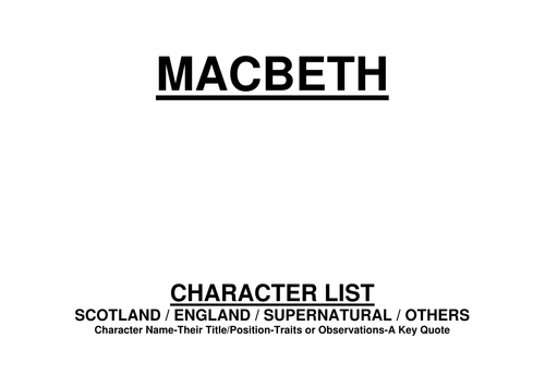 MACBETH - LIST OF THE PLAY'S CHARACTERS IN FOUR INDIVIDUAL TABLES