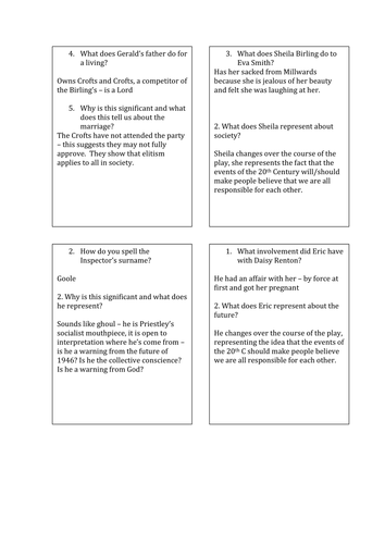 Question and answer cards for An Inspector Calls revision