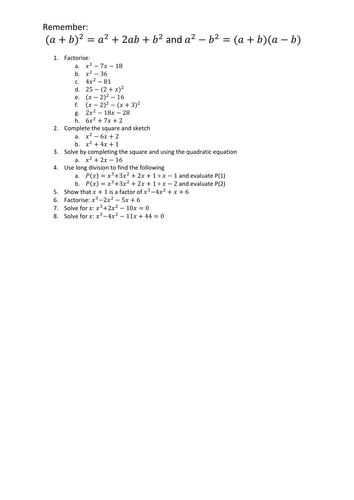 Quadratic and cubic mixed revision questions
