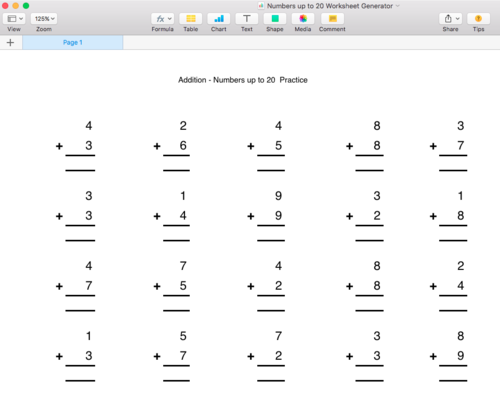 Addition Numbers up to 20 Worksheet Generator - Singapore Math