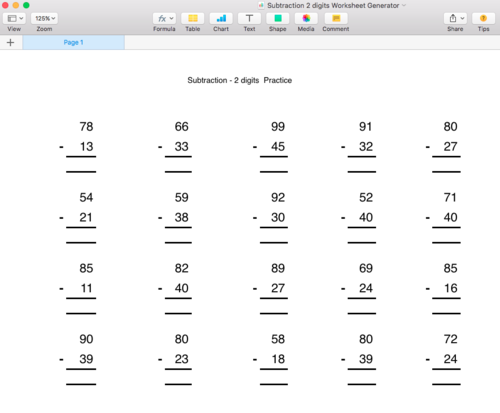 Subtraction below 100 Worksheet Generator - Singapore Math