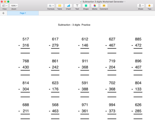 Subtraction - Numbers below 1000 - Worksheet Generator - Singapore Math