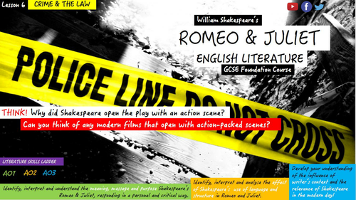 Shakespeare Today! Romeo & Juliet, Theme Focus: Crime & The Law! GCSE English Literature, New Spec.