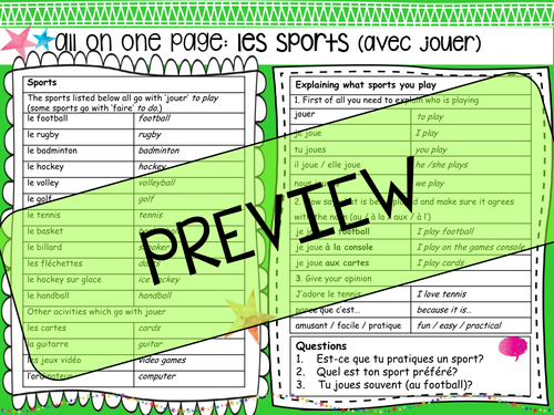 French Vocabulary Mat: Sports with jouer (plus sport mini book)