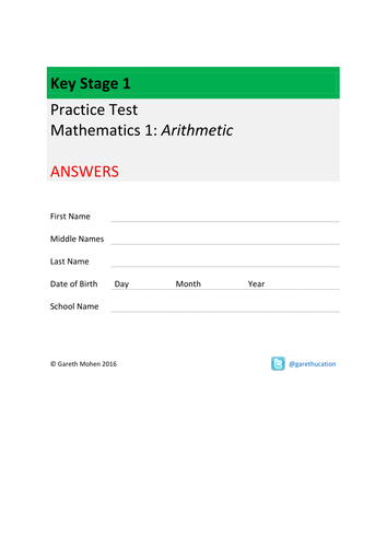 KS1 New 2016 SATS-Style Mathematics 1 - Arithmetic test (Year 2)