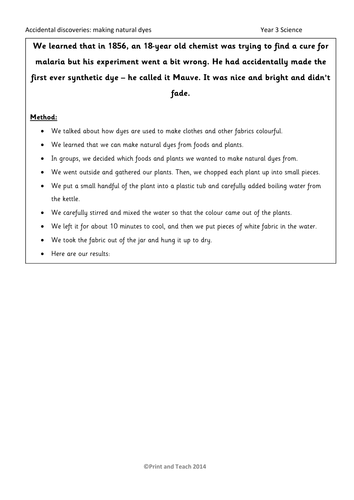 KS2 - Living Things - evidence sheet - Science - Natural plant dyes
