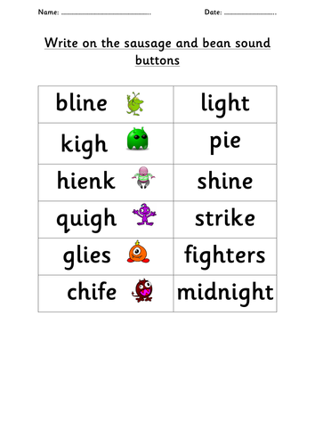 6 tes worksheets phonics phase e/ and Phonics /i words /igh/ real alien sound family /ie/