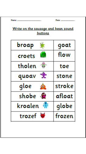 help phonics worksheets /o alien words /oe/ family /ow/ Phonics real and e/ /oa/