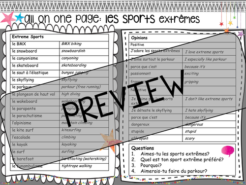 french vocabulary mat extreme sports plus sport mini book teaching resources