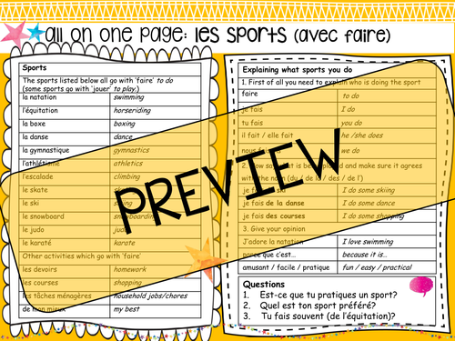 French Vocabulary Mat: Sports (with faire) (plus sports mini book)