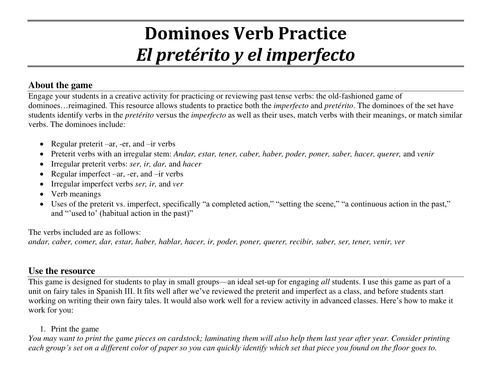 Dominoes Verb Practice: El pretérito y el imperfecto