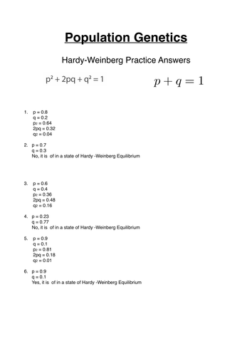 Hardy - Weinberg practice Questions for GCE Population Genetics