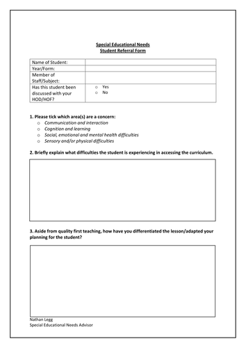 SEN Referral Form by Nathan-Legg - Teaching Resources - Tes