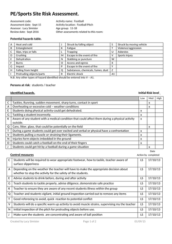 Football - PE/Sports site risk assessment | Teaching Resources