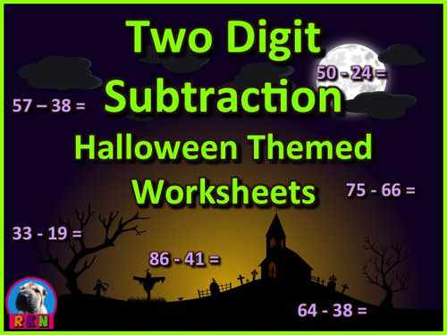 Two Digit Subtraction Worksheets - Halloween Themed - Horizontal