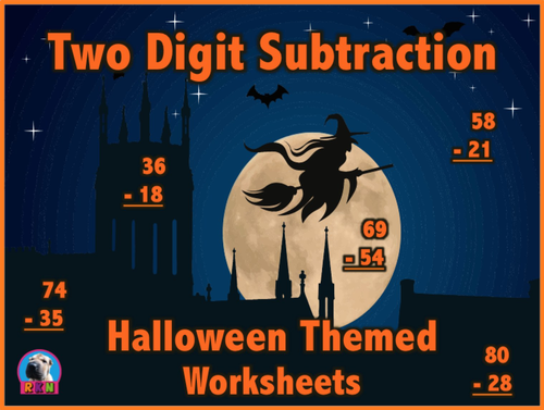 Two Digit Subtraction Worksheets - Halloween Themed - Vertical