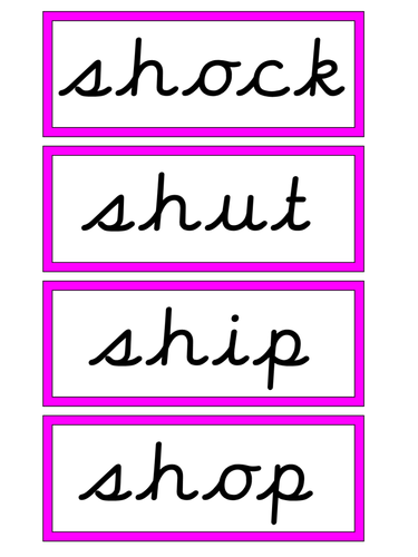 Phonic flashcards in cursive font, sh, ch, th, qu words