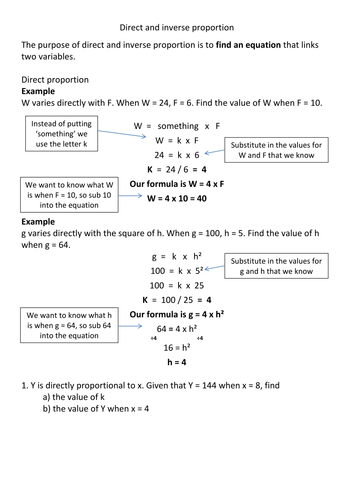 Direct And Inverse Proportion Revision Teaching Resources