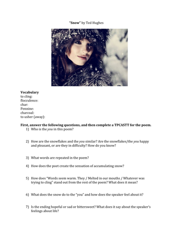 Snow by Ted Hughes Poetry Worksheet Analysis