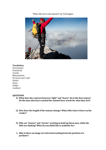 When Men Got to the Summit by Ted Hughes Poetry Analysis Worksheet 