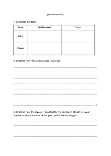 Revision questions - AQA B1