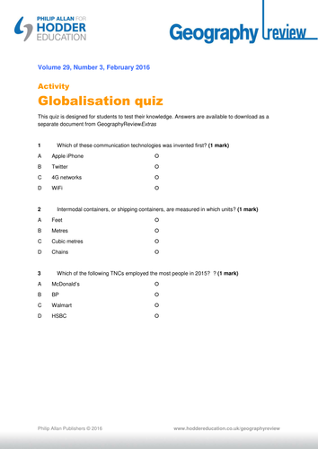 Globalisation quiz sheet – A-level Geography