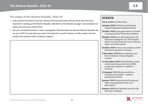 Origins of the Weimar Republic – GCSE History worksheet