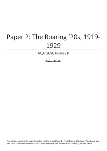 AQA GCSE History - Paper 2 - The USA Roaring '20s - Revision Booklet