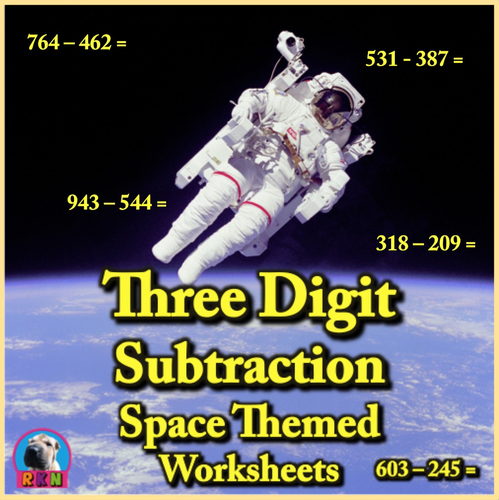 Three Digit Subtraction Worksheets - Space Themed - Horizontal