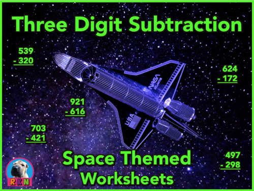 Three Digit Subtraction Worksheets - Space Themed - Vertical