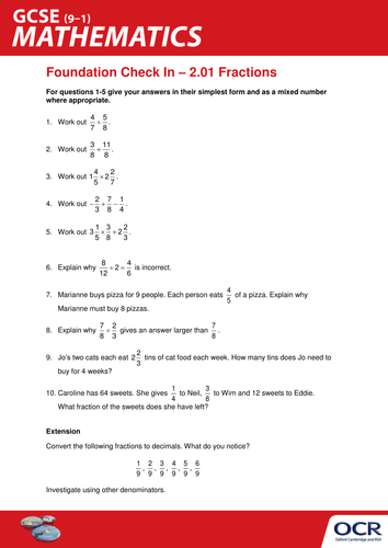 OCR Maths: Foundation GCSE - Check In Test 2.01 Fractions
