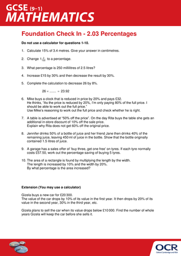 OCR Maths: Foundation GCSE - Check In Test 2.03 Percentages
