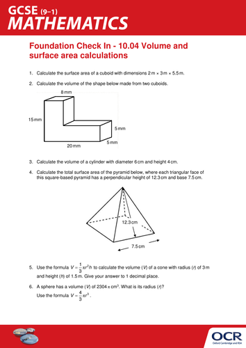 Ocr Maths Foundation Gcse Check In Test 10 04 Volume And Surface Area Calculations Teaching Resources