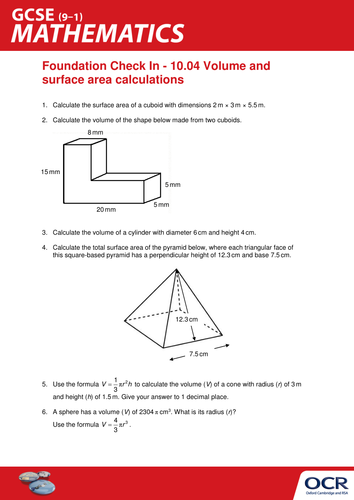 OCR Maths: Foundation GCSE - Check In Test 10.04 Volume and surface area calculations