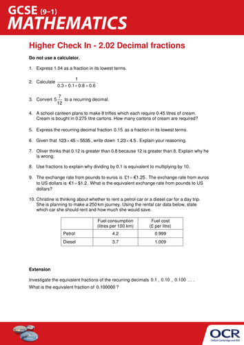 OCR Maths: Higher GCSE - Check In Test 2.02 Decimal fractions