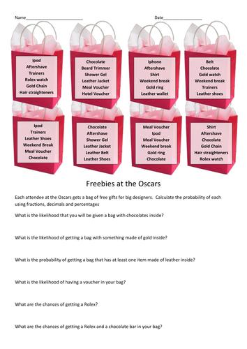 Oscars themed probability game and worksheets