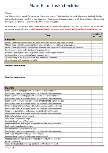 OCR G321 main print task checklist