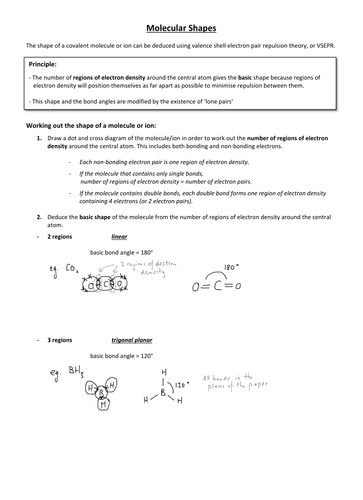 A-Level Shapes of Molecules Notes, Worked egs, and practice Qs